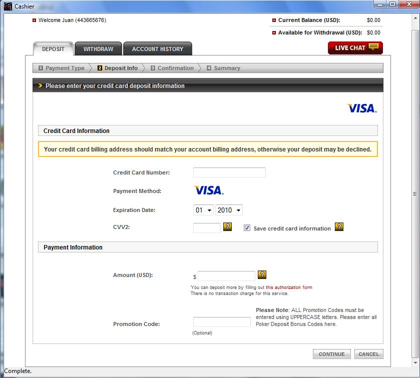 Credit Card Deposit Screen